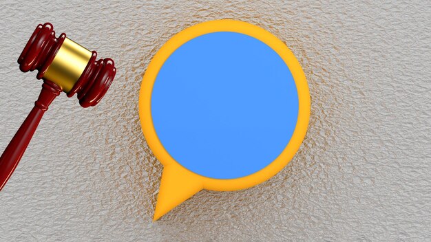 A gavel hitting a sound block with speech bubbles floating around it, representing the intersection of law and online discourse.