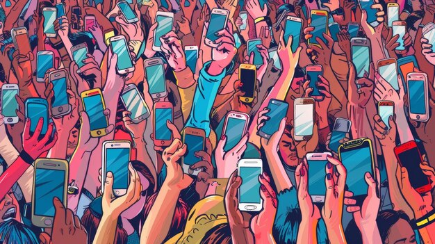 A digital illustration showing a stylized crowd of people holding up their phones, each phone displaying a different angry or judgmental emoji. The overall scene conveys a sense of collective condemnation and moral outrage.