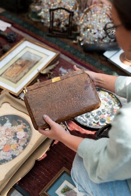 A close-up shot of a rare vintage designer handbag, focusing on the craftsmanship and unique details. The handbag is made of high-quality leather with intricate stitching and distinctive hardware. The background is blurred to highlight the bag's exquisite features.