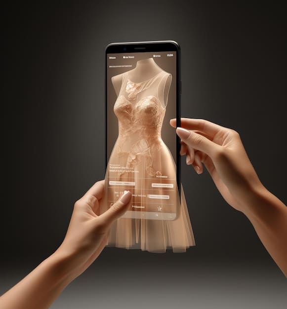 A close-up shot of a hand holding a smartphone, showcasing a fashion app with a virtual fitting feature. The app displays a 3D model of clothing being superimposed onto the user's image in real-time.