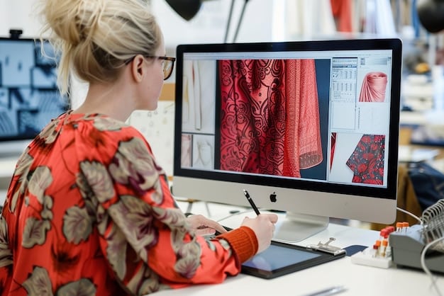 A split-screen image showing a designer working on a 3D clothing model on a computer on one side, and the same design being virtually tried on by a diverse group of avatars in a metaverse environment on the other side.