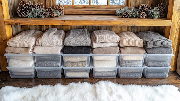 A set of clear plastic storage bins neatly stacked on a shelf, containing folded sweaters and other seasonal clothing.