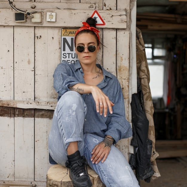 A street style shot featuring a person wearing deconstructed denim jeans with multiple washes and raw hems. The jeans are paired with a simple white t-shirt and chunky sneakers. The background is a colorful mural, adding to the overall eclectic and artistic vibe of the outfit.