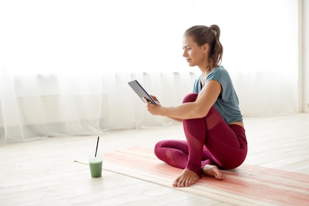 A person practicing yoga at home, using a personalized fitness app on their tablet. The image should convey a sense of tranquility and self-care. Focus on natural light and a clean, minimalist aesthetic.