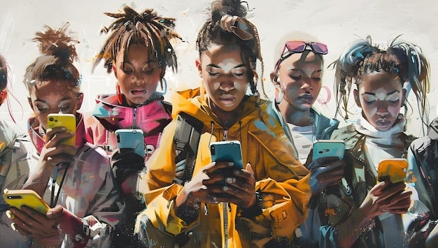 An illustration showing a diverse group of people from various backgrounds, all holding up their phones and engaging with content, highlighting the widespread impact of social media trends on society.
