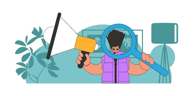 An image depicting a person looking through a magnifying glass at a pile of advertisements, with the word 
