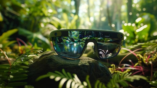 A conceptual image of augmented reality glasses displaying viral content overlayed onto a real-world environment. The content includes engaging videos, interactive advertisements, and social media feeds, showcasing the immersive potential of AR in viral marketing.