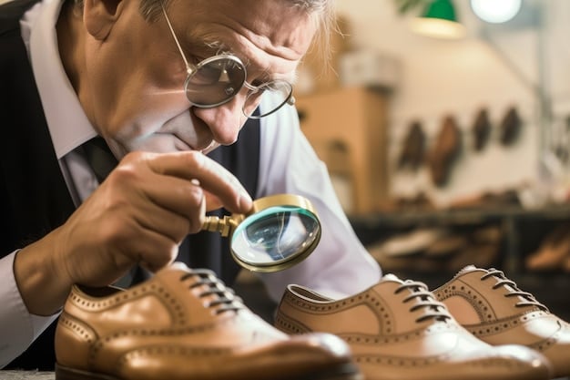 An image showing a person meticulously inspecting a designer shoe, with a magnifying glass highlighting fine details and stitching, representing the thorough examination required for authenticating luxury items.