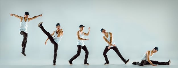 A split-screen image; on the left, a person demonstrating the 'Glitch Hop' dance; right, a simplified breakdown of the dance steps with arrows indicating movement direction.