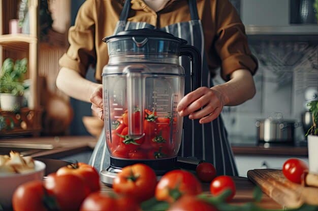 A person's hands holding an immersion blender in a pot of pasta and sauce ingredients, capturing the action of blending the 15-second pasta sauce. The image should highlight the ease and speed of the blending process.