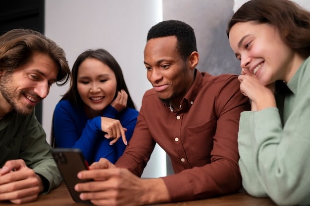 A diverse group of people engaged in a constructive online discussion, using social media to promote positive messages and support ethical behavior.