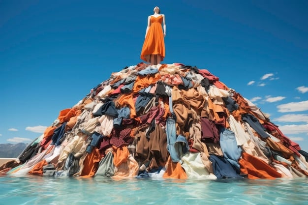 A photograph depicting a textile waste landfill, highlighting the environmental impact of fast fashion and the need for more sustainable practices.